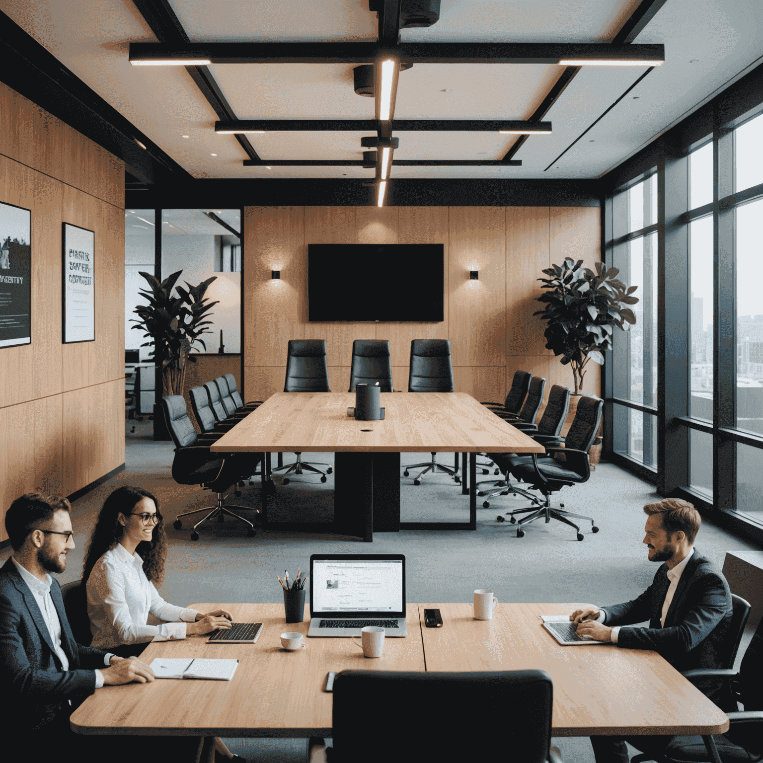 A split image showing a small startup office on one side and a large corporate boardroom on the other, with a digital overlay representing PurelyCrafted's legal chatbot connecting the two environments